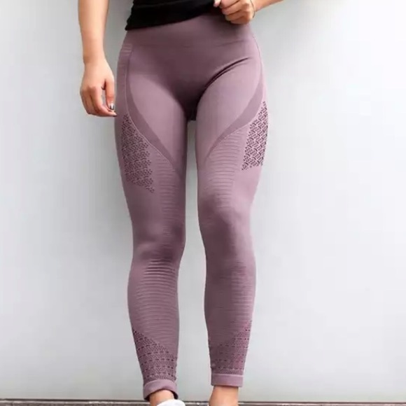 Women High Waisted Yoga Pants Workout Seamless Hollow Out Leggings laven… - Picture 3 of 16